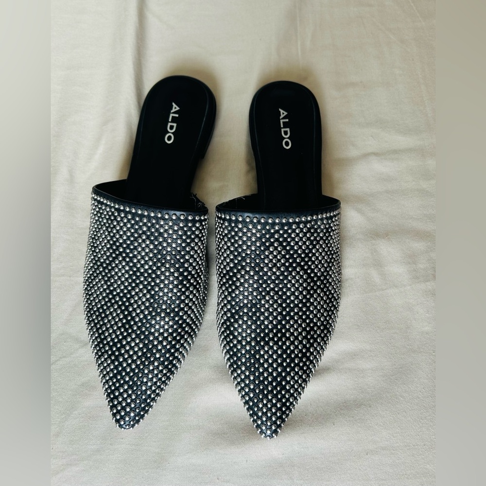 Aldo Black Mules with Silver Accents